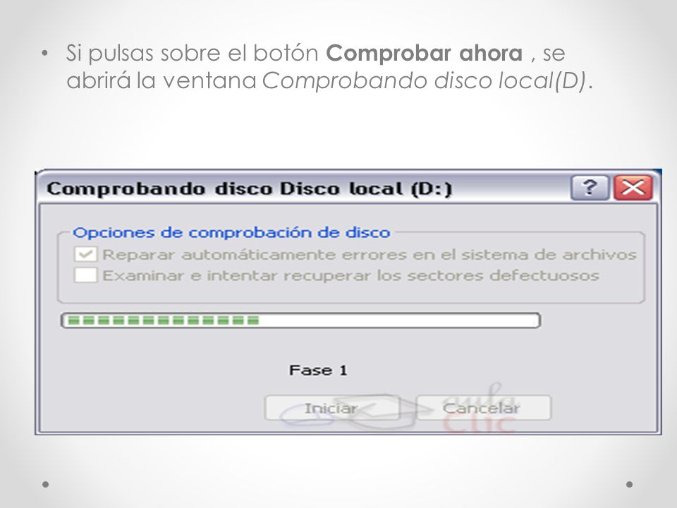 Si pulsas sobre el botón Comprobar ahora, se abrirá la ventana Comprobando disco local(D).