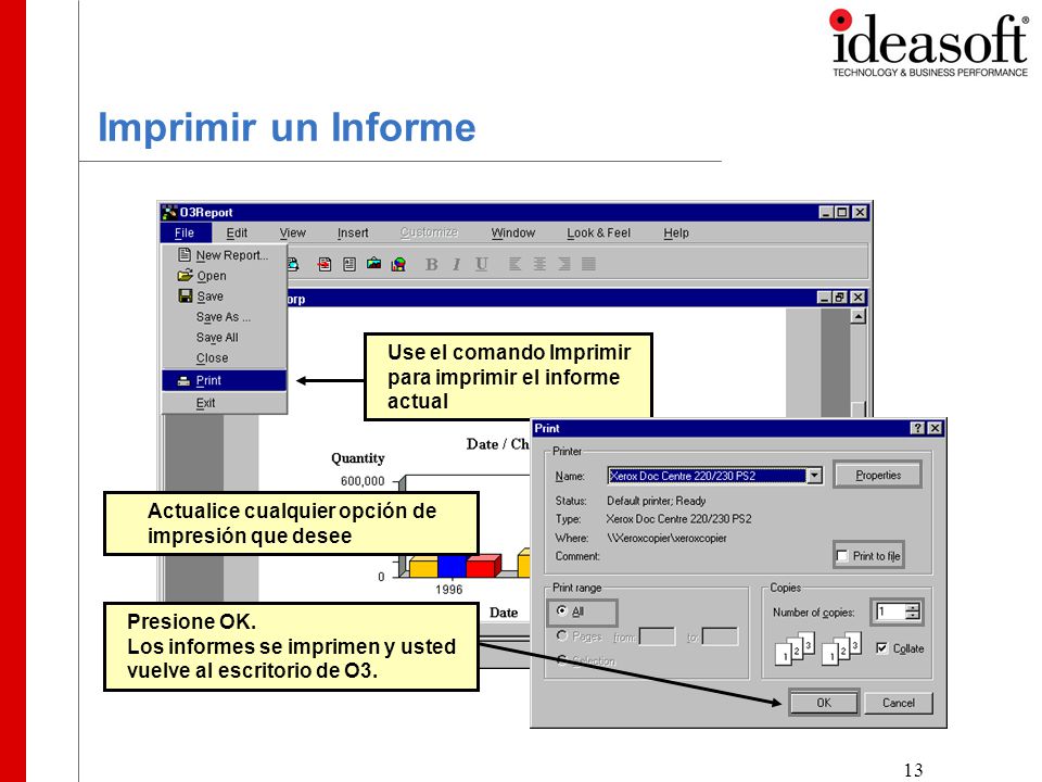 13 Imprimir un Informe Use el comando Imprimir para imprimir el informe actual Actualice cualquier opción de impresión que desee Presione OK.