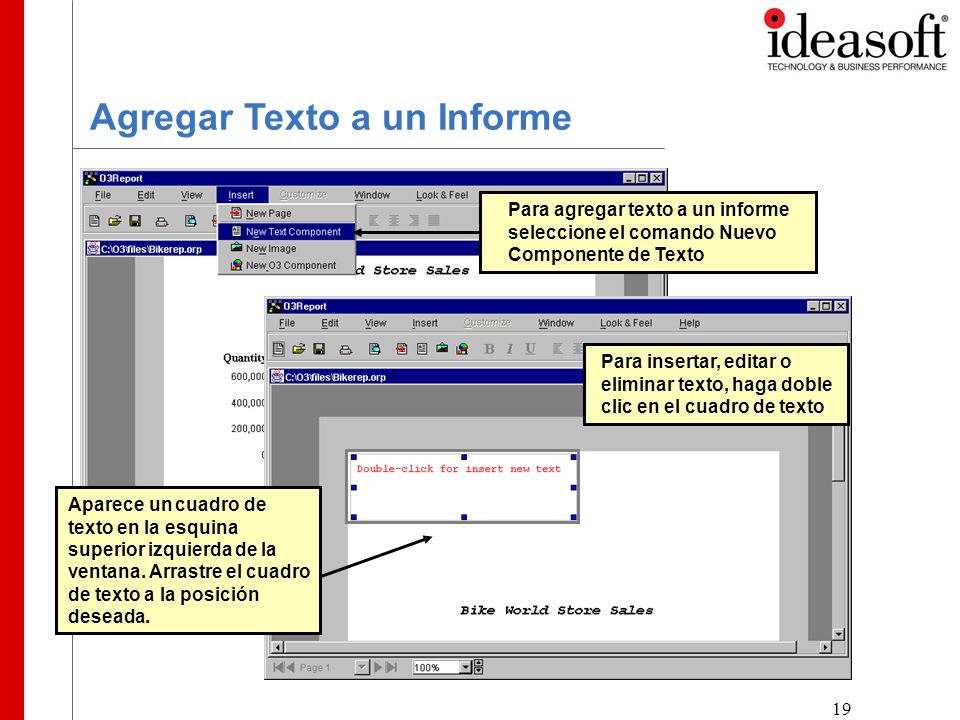 19 Agregar Texto a un Informe Para agregar texto a un informe seleccione el comando Nuevo Componente de Texto Aparece un cuadro de texto en la esquina superior izquierda de la ventana.