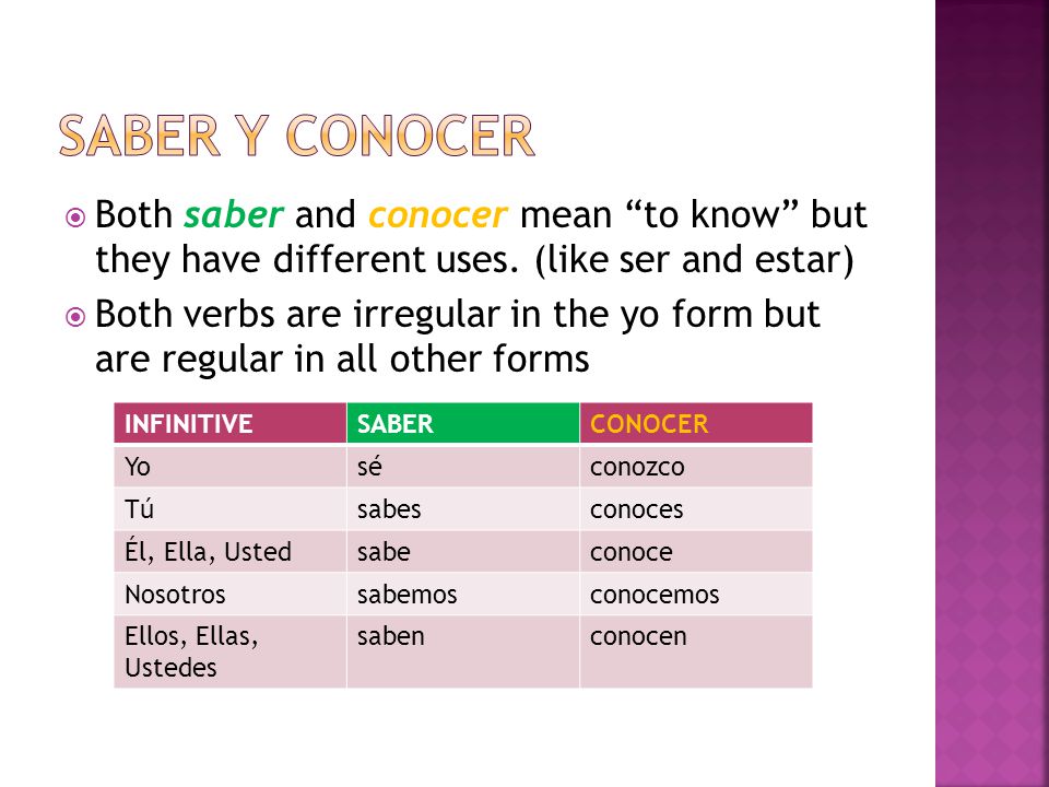  Both saber and conocer mean to know but they have different uses.
