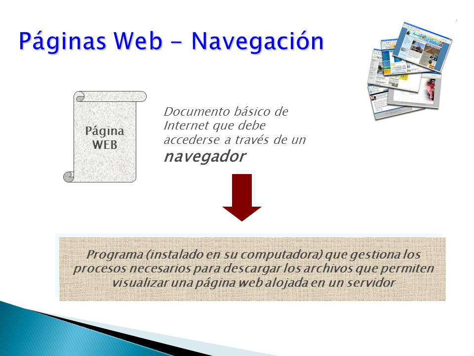 Páginas Web - Navegación Página WEB Documento básico de Internet que debe accederse a través de un navegador Programa (instalado en su computadora) que gestiona los procesos necesarios para descargar los archivos que permiten visualizar una página web alojada en un servidor