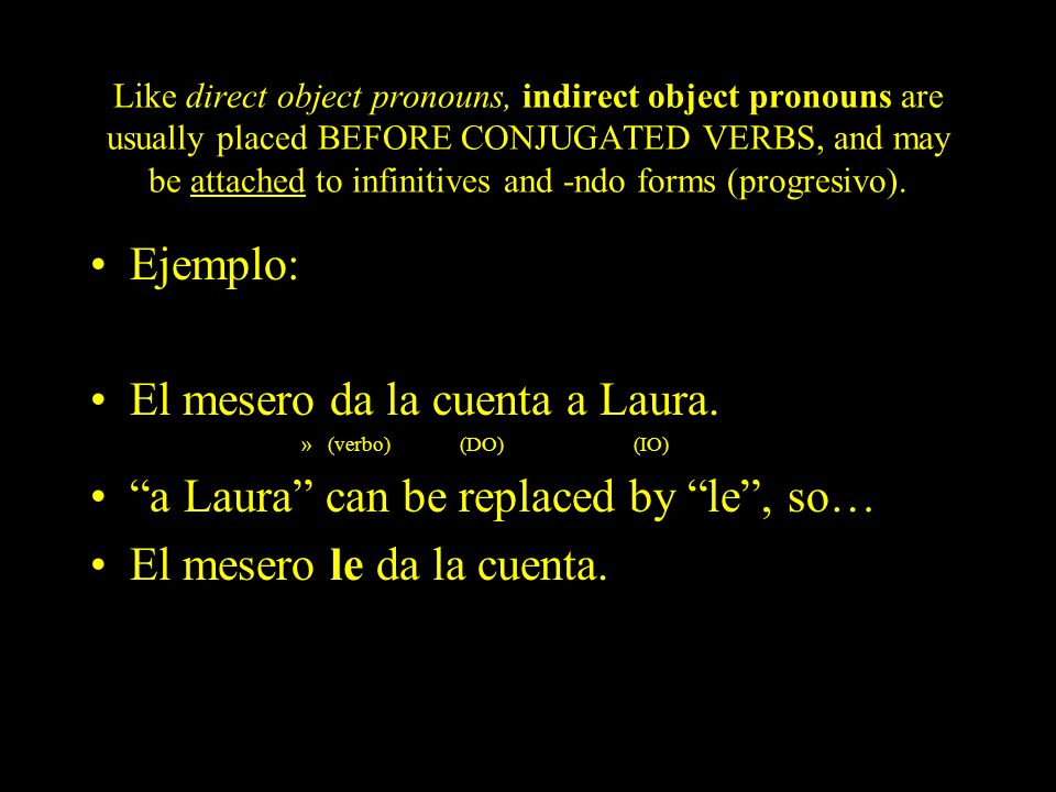 Like direct object pronouns, indirect object pronouns are usually placed BEFORE CONJUGATED VERBS, and may be attached to infinitives and -ndo forms (progresivo).