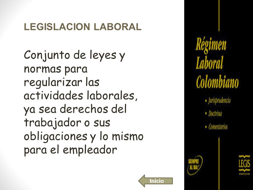 LEGISLACION LABORAL Conjunto de leyes y normas para regularizar las actividades laborales, ya sea derechos del trabajador o sus obligaciones y lo mismo para el empleador Inicio