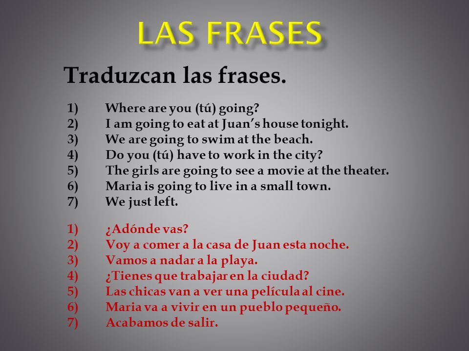 VoyVamos VasVais VaVan Ir. To say you are “going to” do something IR + A +  INF 1)I am going to read at the library. 2)We are going to walk at the