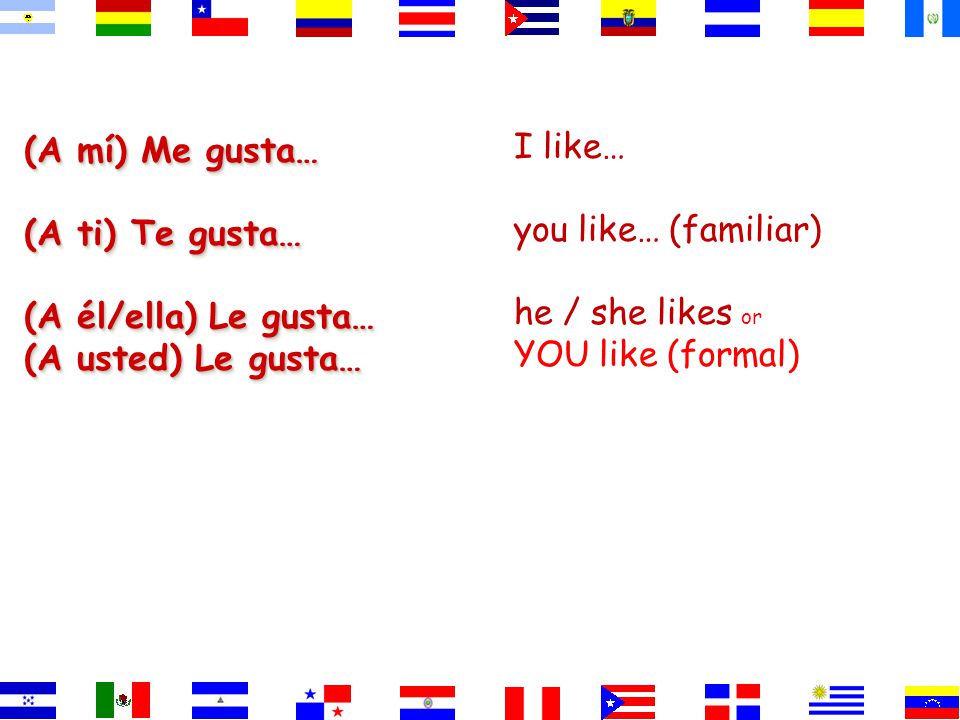 En Español…: The word order is different than in English: The indirect object comes first: Me Then the verb: gusta Finally the infinitive: bailar Make it negative by adding no before the me .
