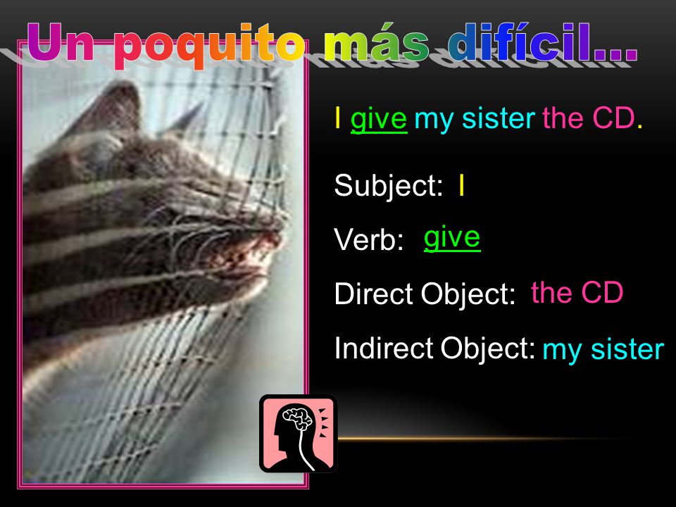 I give my sister the CD. Subject: Verb: Direct Object: Indirect Object: I give my sister the CD