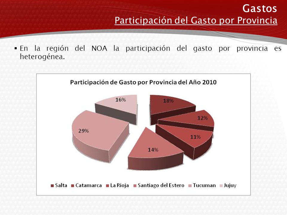 Gastos Participación del Gasto por Provincia  En la región del NOA la participación del gasto por provincia es heterogénea.