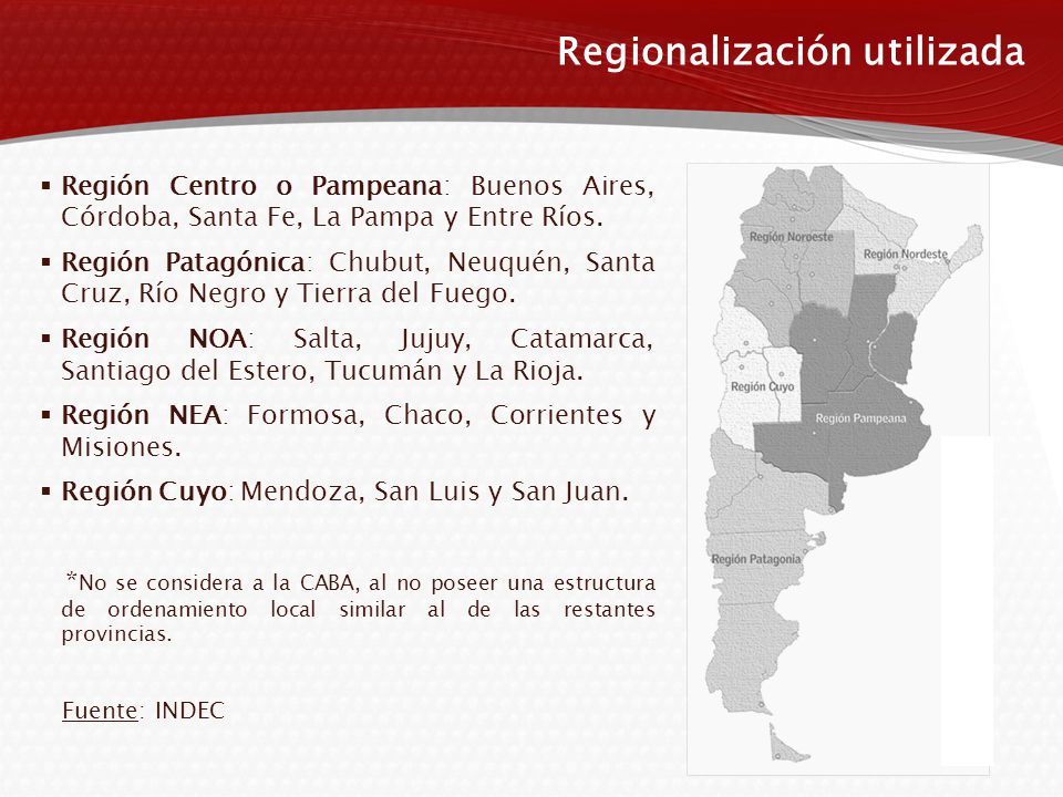 Regionalización utilizada  Región Centro o Pampeana: Buenos Aires, Córdoba, Santa Fe, La Pampa y Entre Ríos.