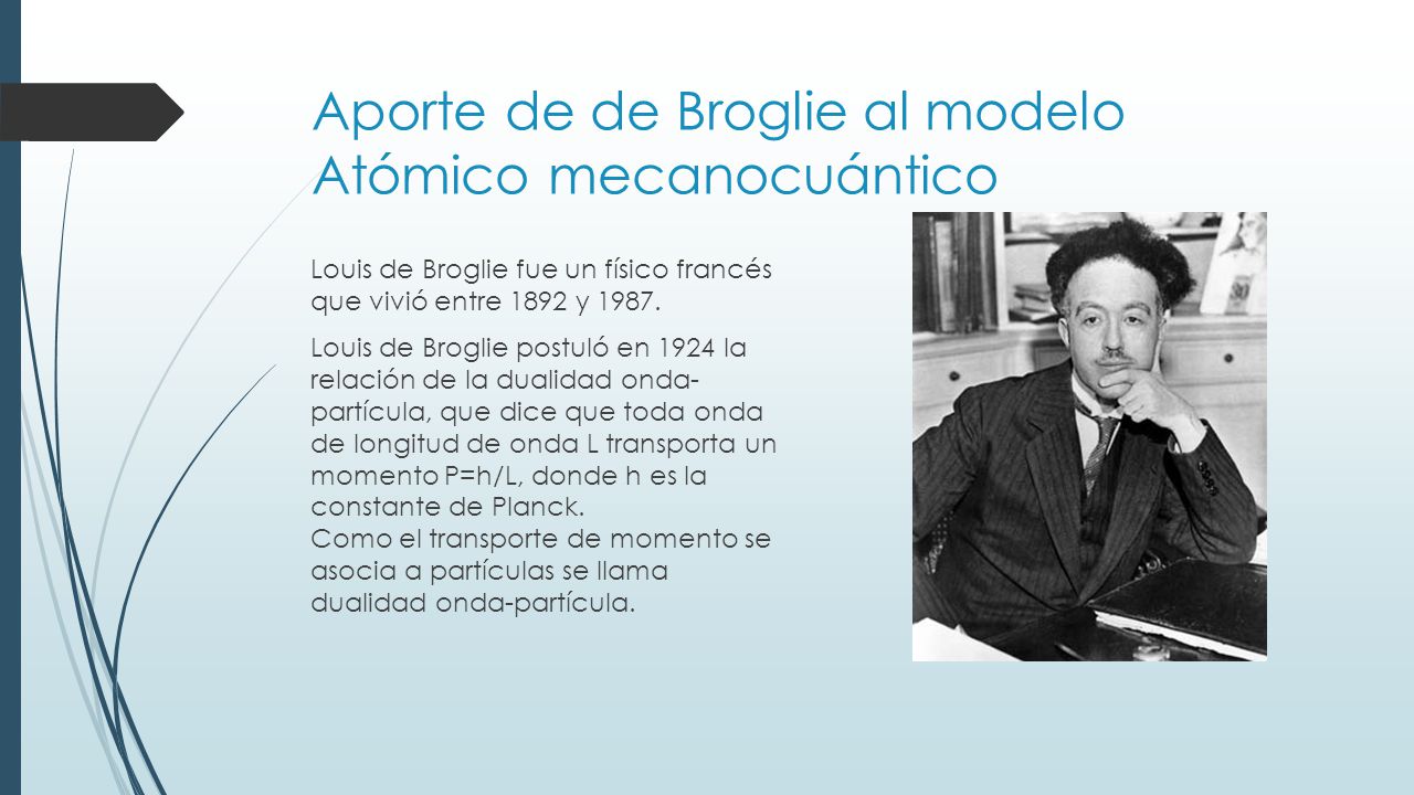 Aporte de de Broglie al modelo Atómico mecanocuántico Louis de Broglie fue un físico francés que vivió entre 1892 y 1987.