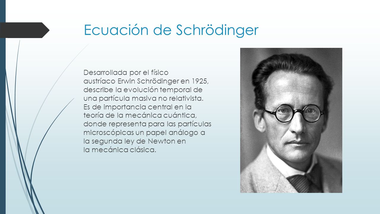 Ecuación de Schrödinger Desarrollada por el físico austríaco Erwin Schrödinger en 1925, describe la evolución temporal de una partícula masiva no relativista.