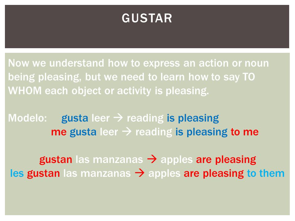 GUSTAR Now we understand how to express an action or noun being pleasing, but we need to learn how to say TO WHOM each object or activity is pleasing.