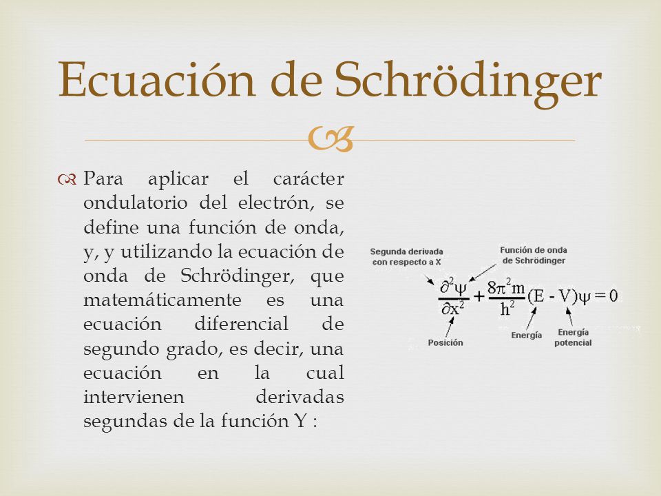  Para aplicar el carácter ondulatorio del electrón, se define una función de onda, y, y utilizando la ecuación de onda de Schrödinger, que matemáticamente es una ecuación diferencial de segundo grado, es decir, una ecuación en la cual intervienen derivadas segundas de la función Y : Ecuación de Schrödinger