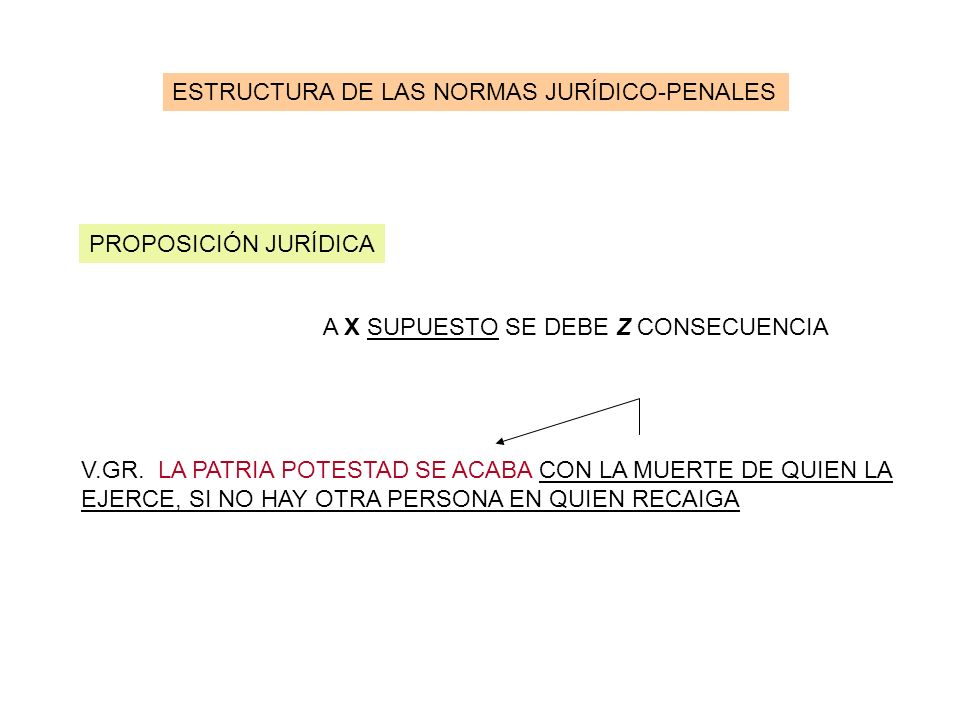 ESTRUCTURA DE LAS NORMAS JURÍDICO-PENALES PROPOSICIÓN JURÍDICA A X SUPUESTO SE DEBE Z CONSECUENCIA V.GR.