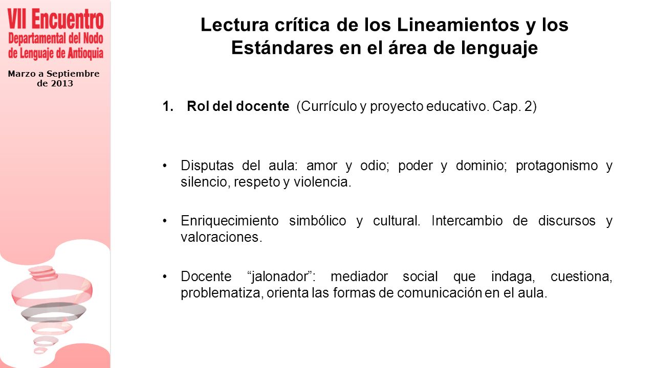 Marzo a Septiembre de 2013 Lectura crítica de los Lineamientos y los Estándares en el área de lenguaje 1.Rol del docente (Currículo y proyecto educativo.