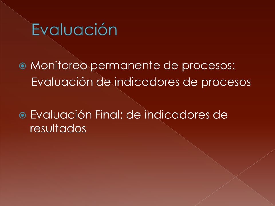 Monitoreo permanente de procesos: Evaluación de indicadores de procesos Evaluación Final: de indicadores de resultados
