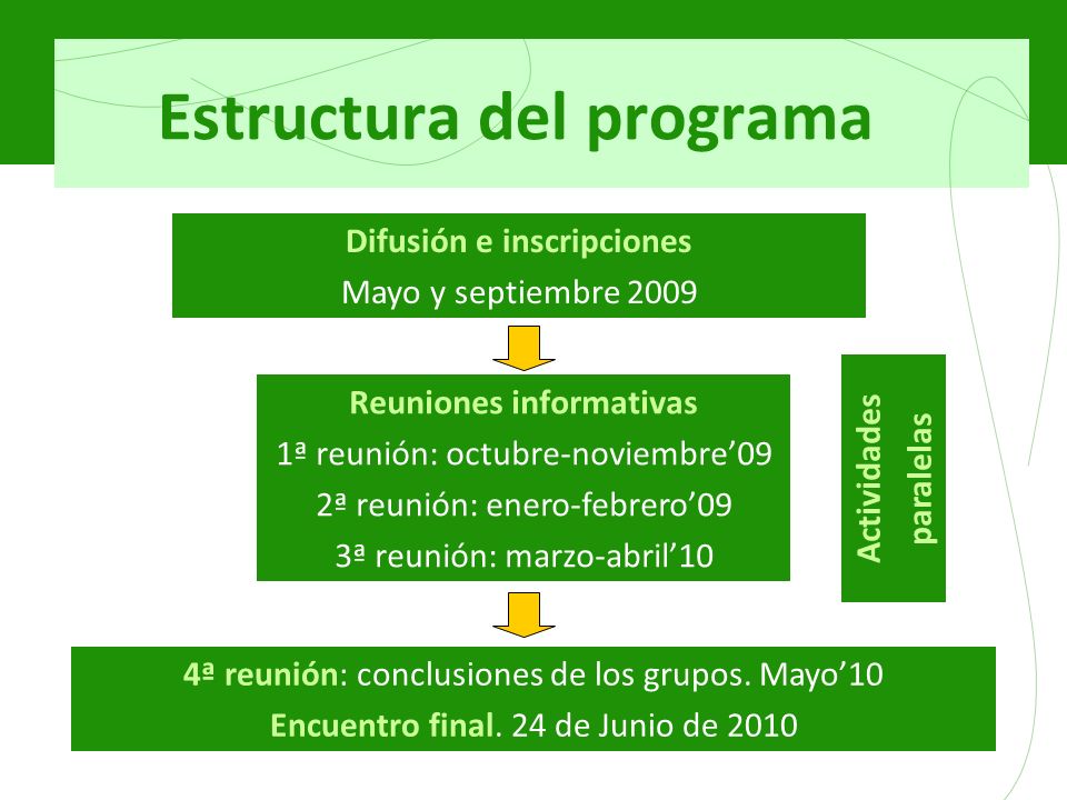 Estructura del programa Difusión e inscripciones Mayo y septiembre ª reunión: conclusiones de los grupos.