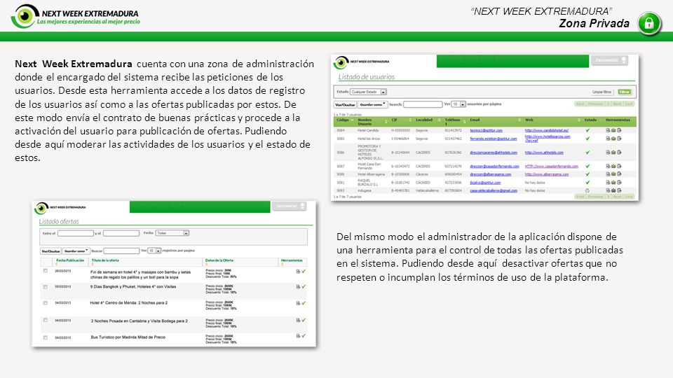 Next Week Extremadura cuenta con una zona de administración donde el encargado del sistema recibe las peticiones de los usuarios.
