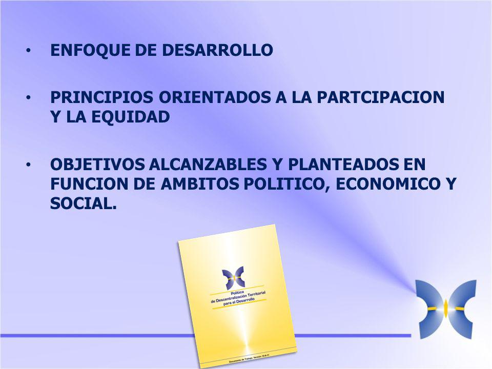 ENFOQUE DE DESARROLLO PRINCIPIOS ORIENTADOS A LA PARTCIPACION Y LA EQUIDAD OBJETIVOS ALCANZABLES Y PLANTEADOS EN FUNCION DE AMBITOS POLITICO, ECONOMICO Y SOCIAL.