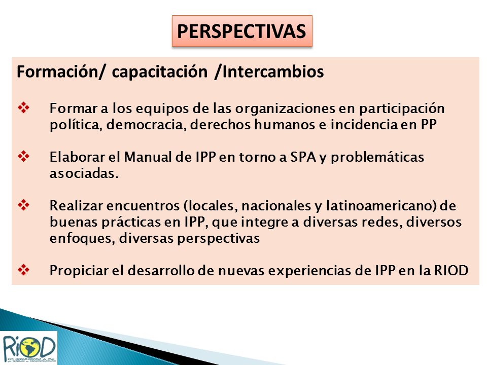 PERSPECTIVAS Formación/ capacitación /Intercambios Formar a los equipos de las organizaciones en participación política, democracia, derechos humanos e incidencia en PP Elaborar el Manual de IPP en torno a SPA y problemáticas asociadas.