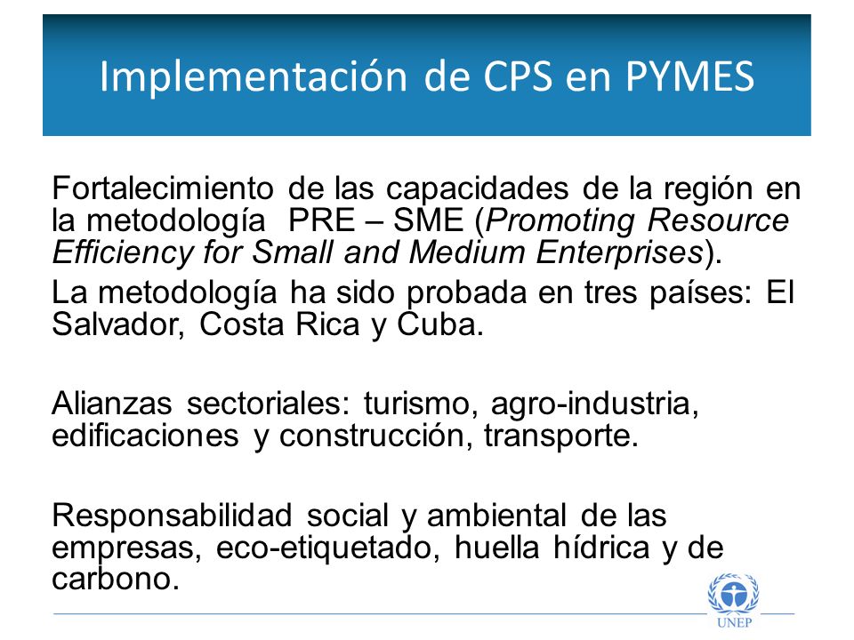 Implementación de CPS en PYMES Fortalecimiento de las capacidades de la región en la metodología PRE – SME (Promoting Resource Efficiency for Small and Medium Enterprises).