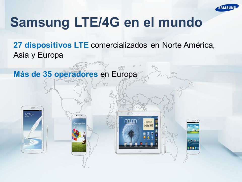 Samsung LTE/4G en el mundo 27 dispositivos LTE comercializados en Norte América, Asia y Europa Más de 35 operadores en Europa
