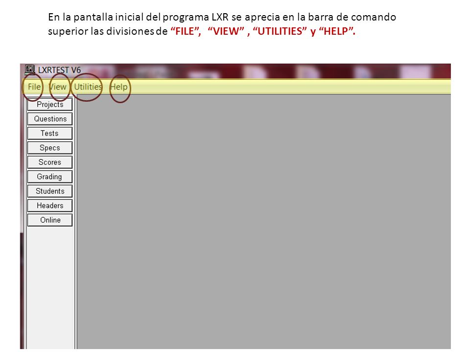 En la pantalla inicial del programa LXR se aprecia en la barra de comando superior las divisiones de FILE, VIEW, UTILITIES y HELP.