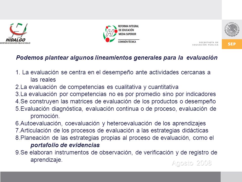 Agosto 2008 Podemos plantear algunos lineamientos generales para la evaluación 1.