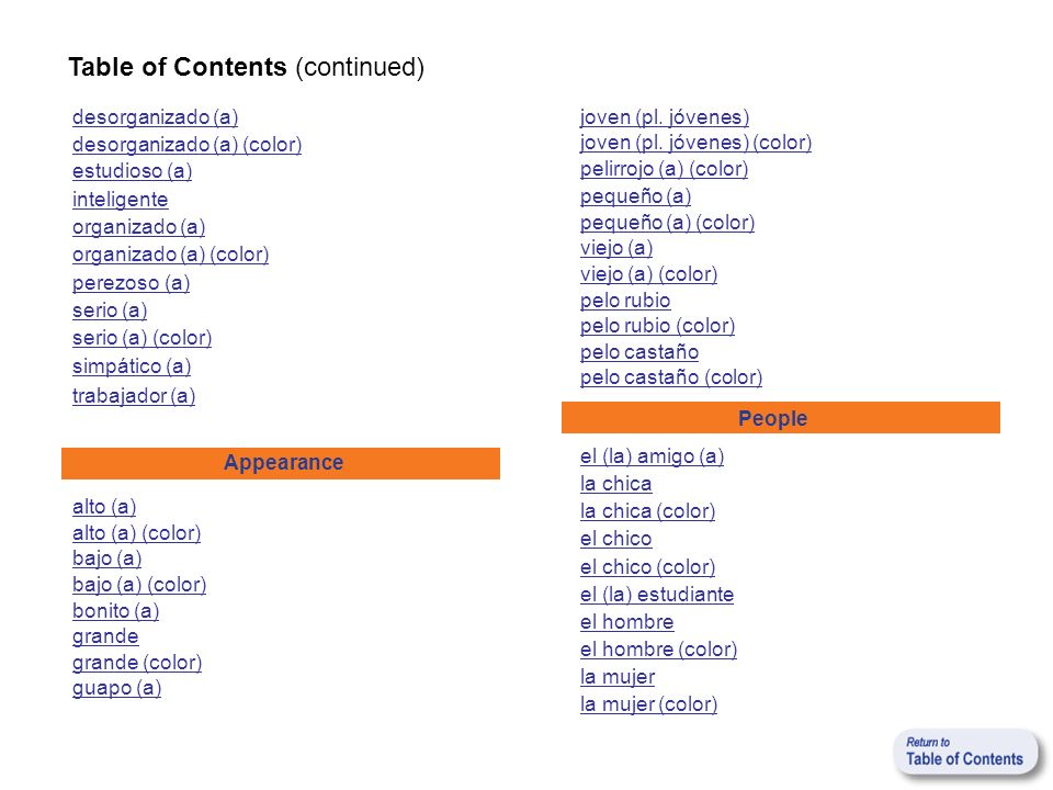 Table of Contents (continued) Appearance alto (a) bajo (a) bonito (a) grande guapo (a) joven (pl.