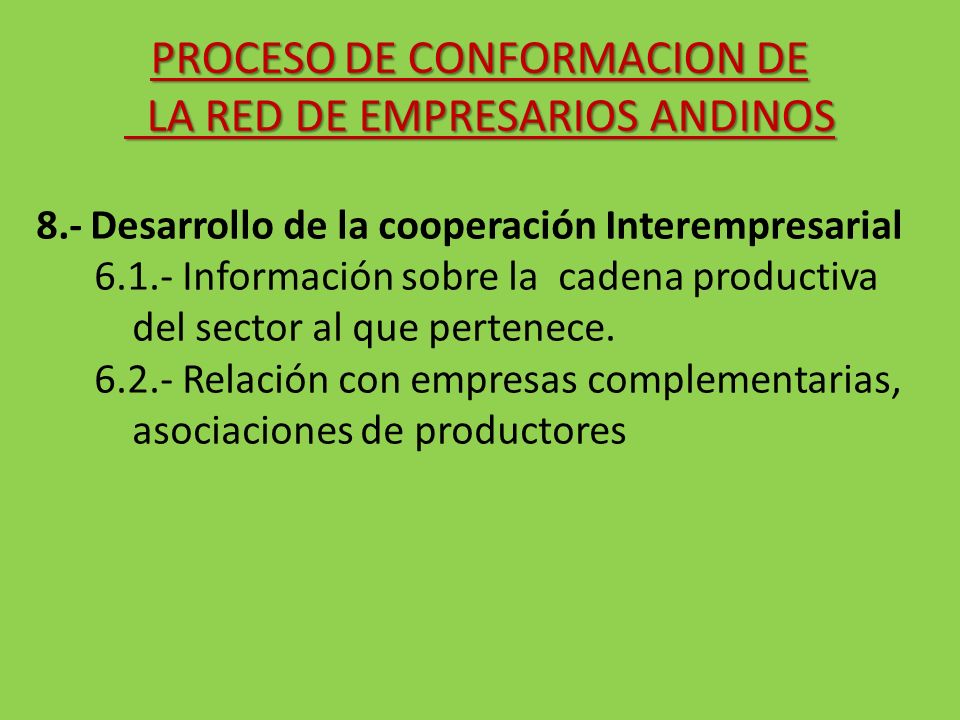 PROCESO DE CONFORMACION DE LA RED DE EMPRESARIOS ANDINOS LA RED DE EMPRESARIOS ANDINOS 8.-Desarrollo de la cooperación Interempresarial Información sobre la cadena productiva del sector al que pertenece.