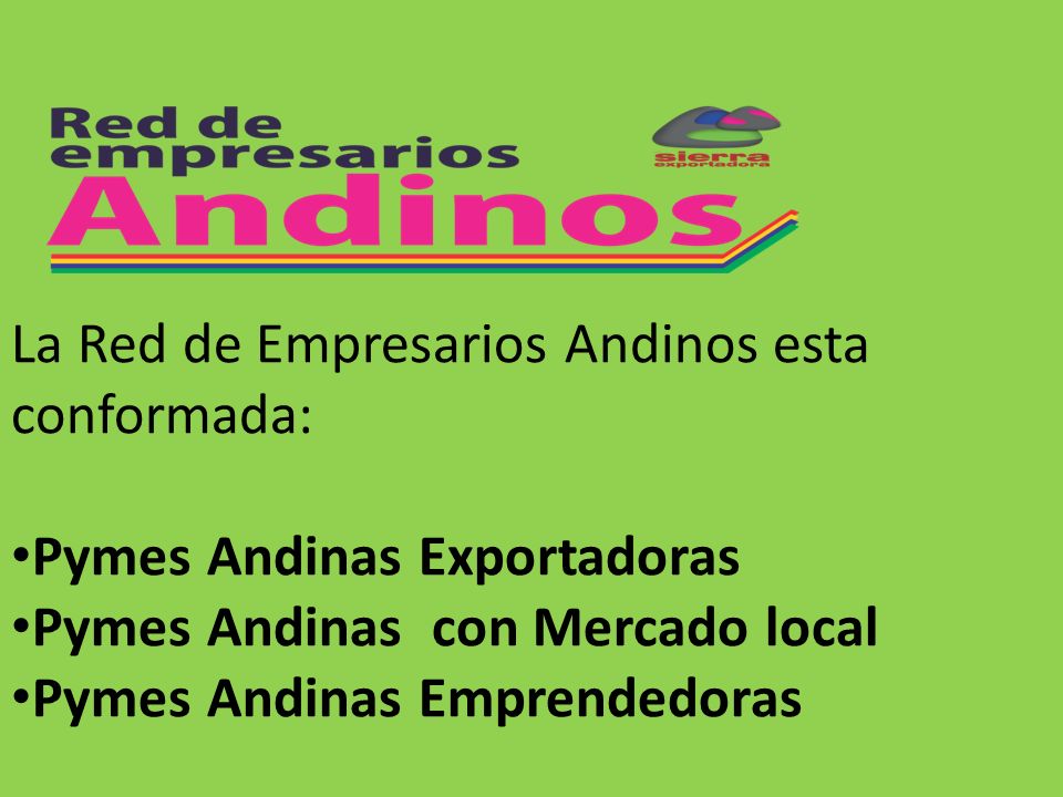 La Red de Empresarios Andinos esta conformada: Pymes Andinas Exportadoras Pymes Andinas con Mercado local Pymes Andinas Emprendedoras
