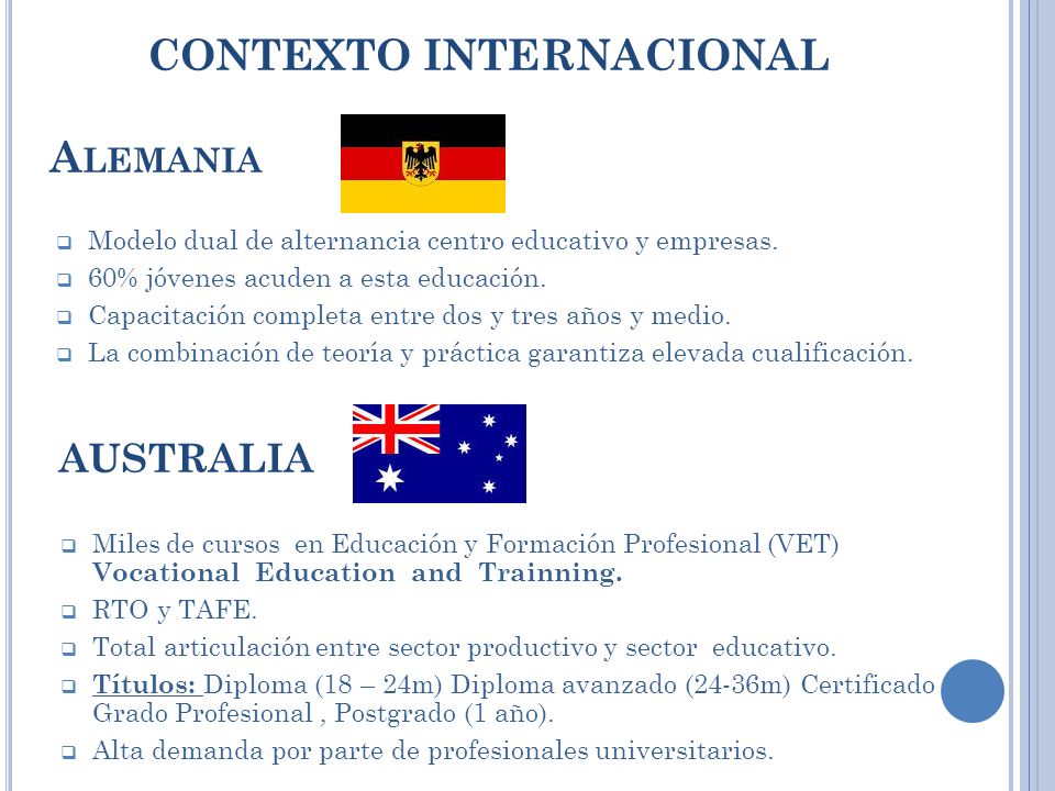 CONTEXTO INTERNACIONAL A LEMANIA Modelo dual de alternancia centro educativo y empresas.