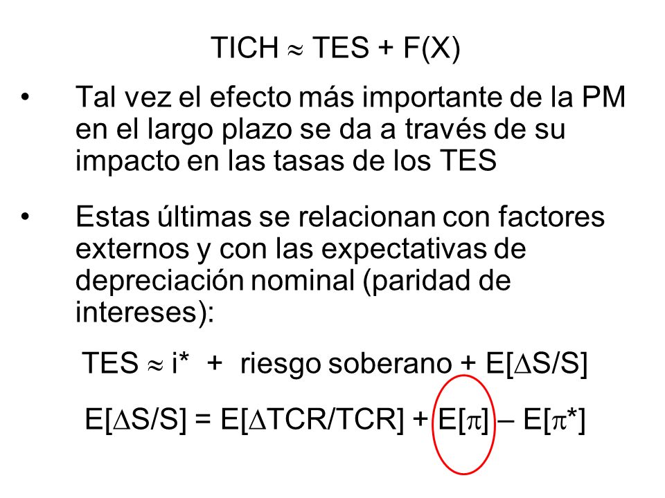 TICH TES + F(X) Tal vez el efecto más importante de la PM en el largo plazo se da a través de su impacto en las tasas de los TES Estas últimas se relacionan con factores externos y con las expectativas de depreciación nominal (paridad de intereses): TES i* + riesgo soberano + E[ S/S] E[ S/S] = E[ TCR/TCR] + E[ ] – E[ *]