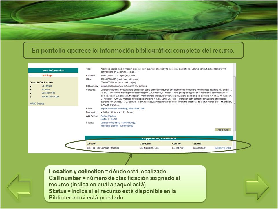 En pantalla aparece la información bibliográfica completa del recurso.