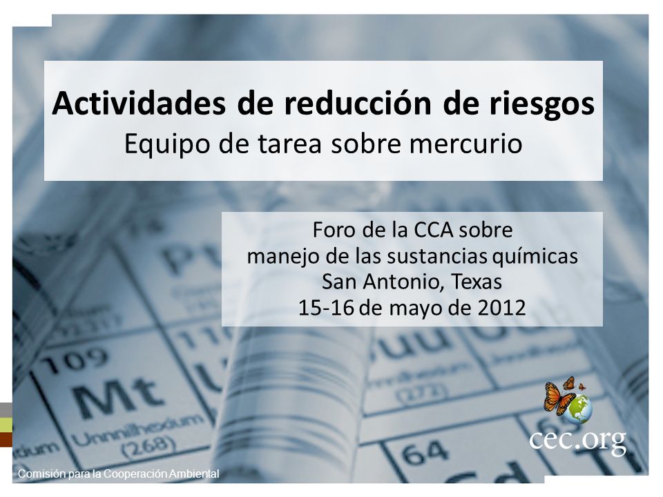 Actividades de reducción de riesgos Equipo de tarea sobre mercurio Foro de la CCA sobre manejo de las sustancias químicas San Antonio, Texas de mayo de 2012 Comisión para la Cooperación Ambiental