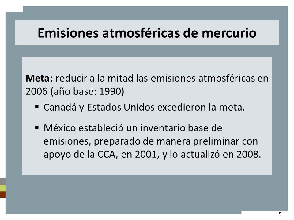 Emisiones atmosféricas de mercurio Meta: reducir a la mitad las emisiones atmosféricas en 2006 (año base: 1990) Canadá y Estados Unidos excedieron la meta.