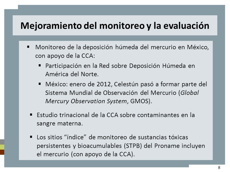 Mejoramiento del monitoreo y la evaluación Monitoreo de la deposición húmeda del mercurio en México, con apoyo de la CCA: Participación en la Red sobre Deposición Húmeda en América del Norte.