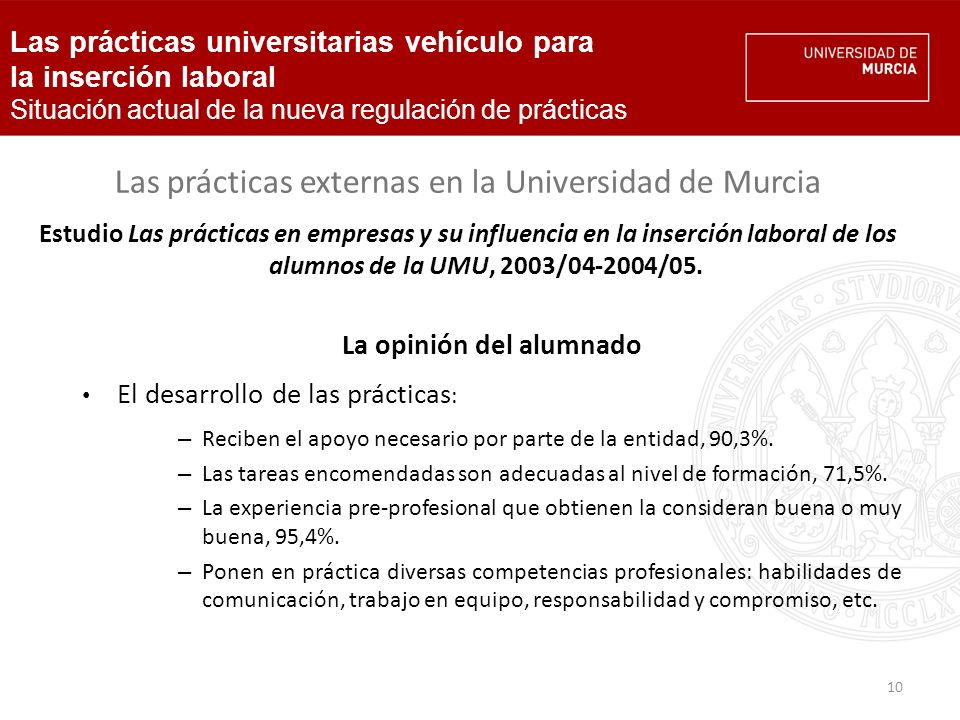 10 Las prácticas externas en la Universidad de Murcia Estudio Las prácticas en empresas y su influencia en la inserción laboral de los alumnos de la UMU, 2003/ /05.
