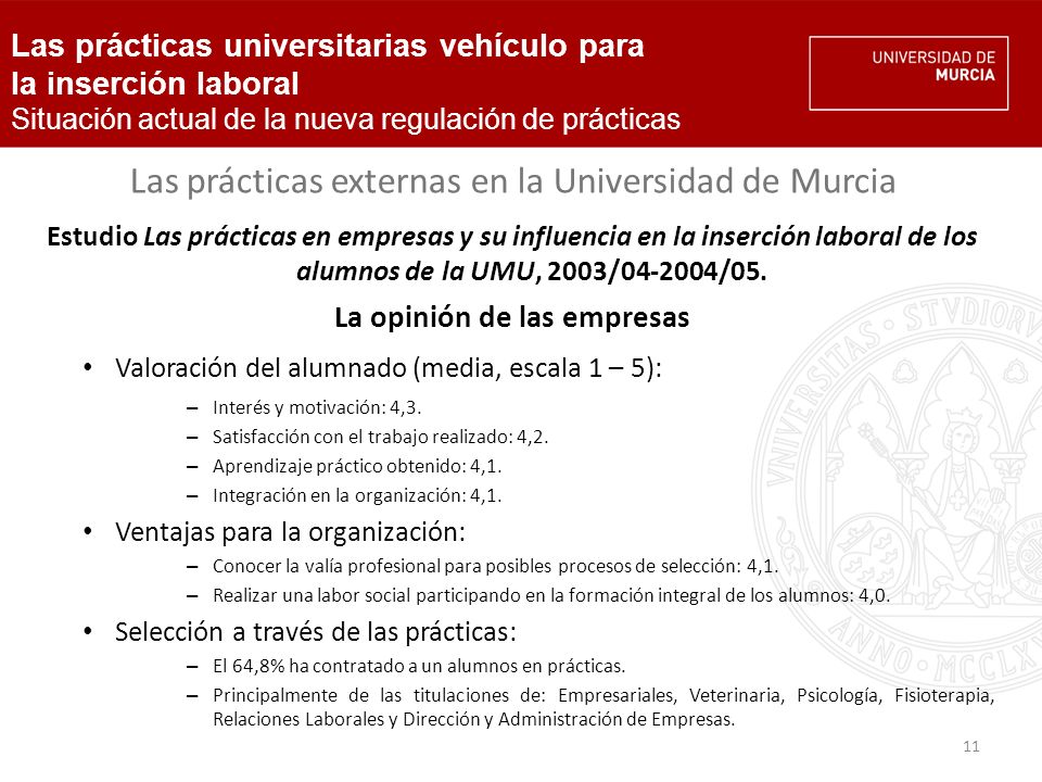11 Las prácticas externas en la Universidad de Murcia Estudio Las prácticas en empresas y su influencia en la inserción laboral de los alumnos de la UMU, 2003/ /05.