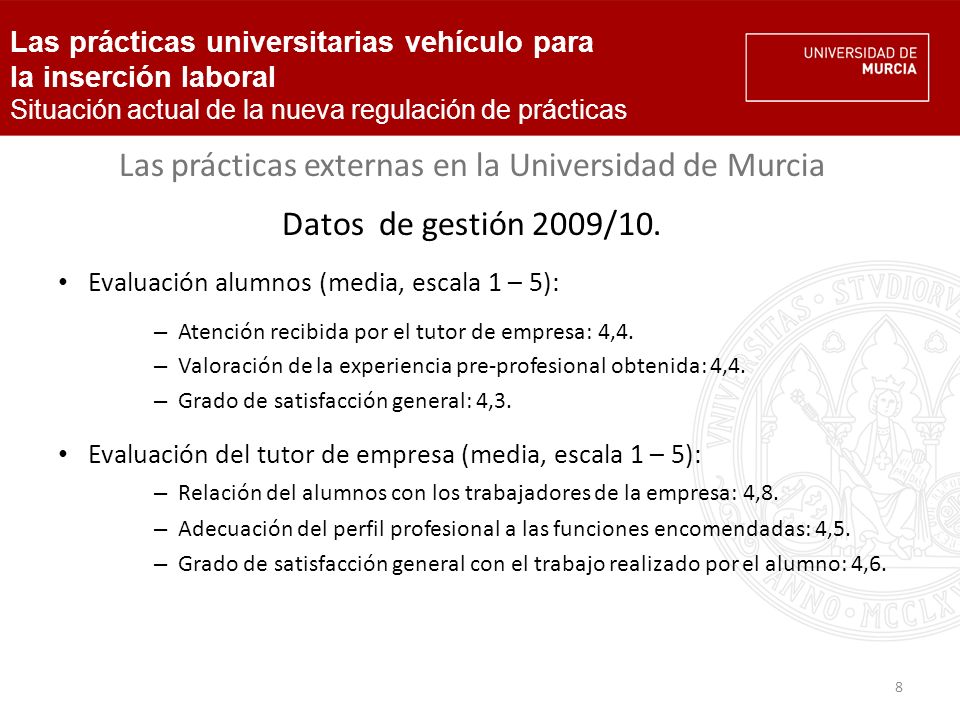 8 Las prácticas externas en la Universidad de Murcia Datos de gestión 2009/10.