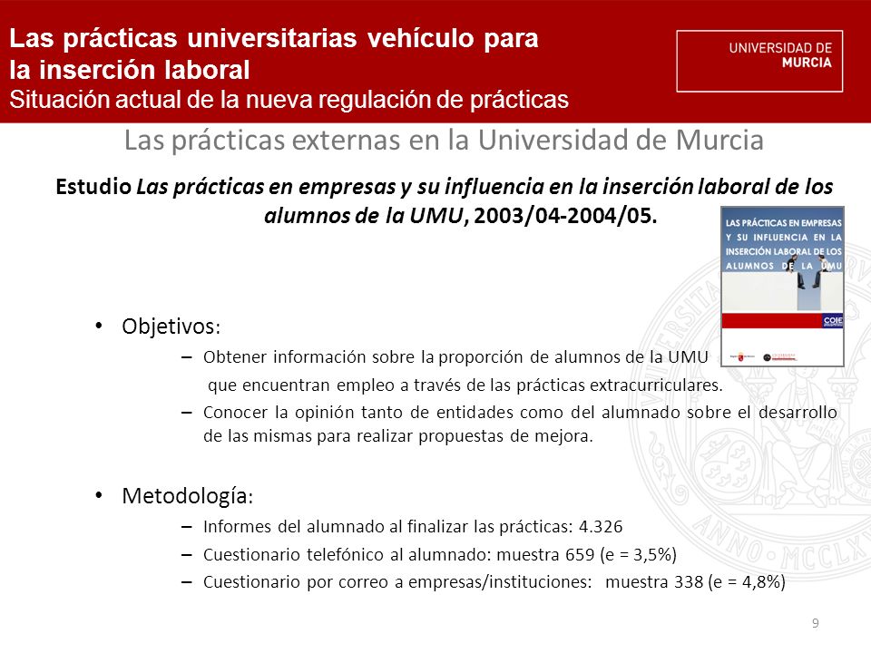 9 Las prácticas externas en la Universidad de Murcia Estudio Las prácticas en empresas y su influencia en la inserción laboral de los alumnos de la UMU, 2003/ /05.
