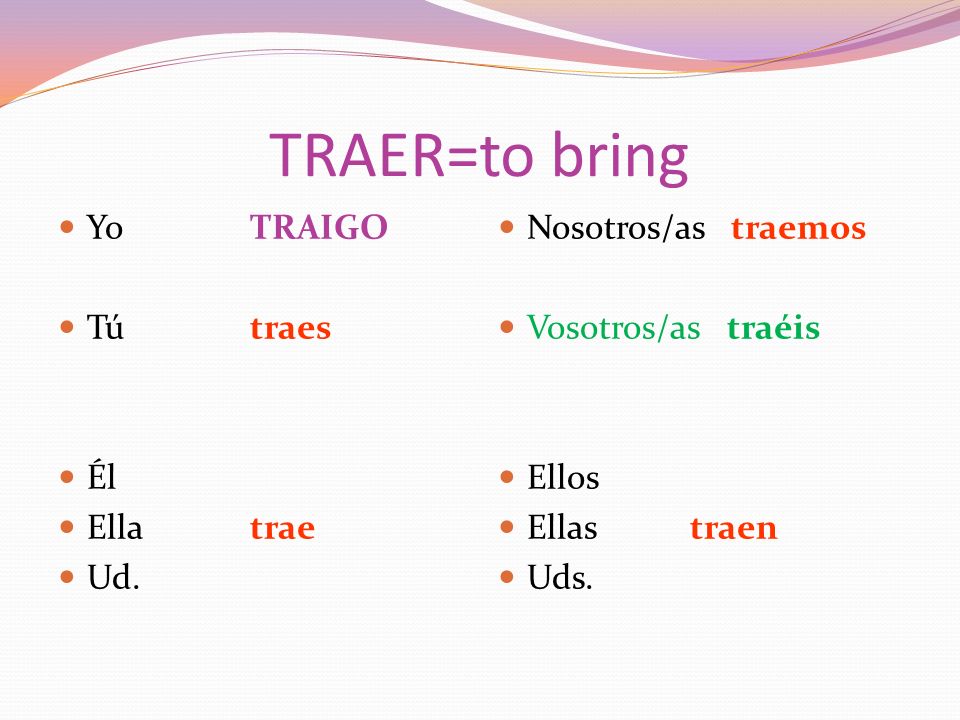 TRAER=to bring YoTRAIGO Tútraes Él Ellatrae Ud.