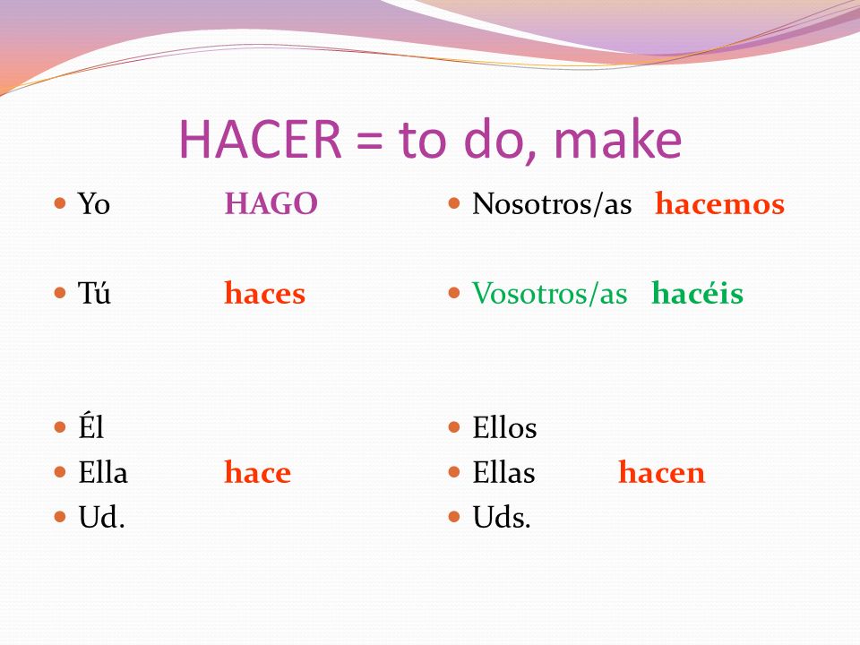 HACER = to do, make YoHAGO Túhaces Él Ellahace Ud.