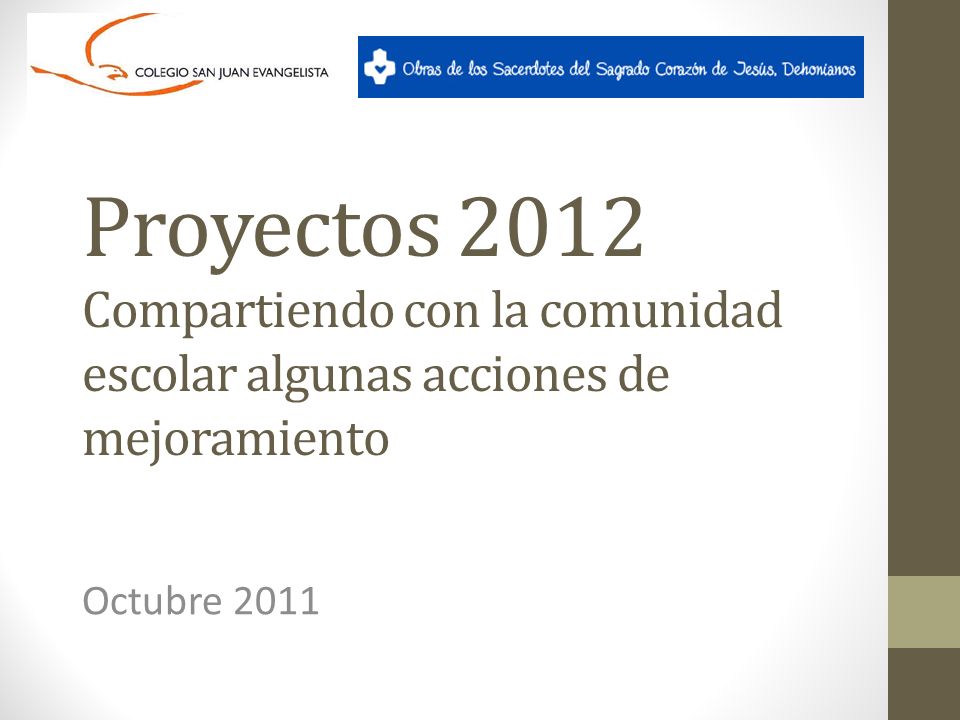 Proyectos 2012 Compartiendo con la comunidad escolar algunas acciones de mejoramiento Octubre 2011