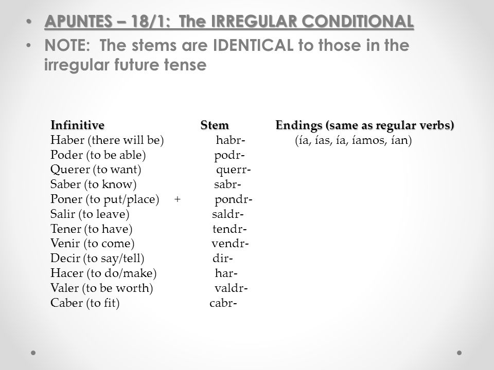 APUNTES – 18/1: The IRREGULAR CONDITIONAL APUNTES – 18/1: The IRREGULAR CONDITIONAL NOTE: The stems are IDENTICAL to those in the irregular future tense Infinitive Stem Endings (same as regular verbs) Haber (there will be) habr- (ía, ías, ía, íamos, ían) Poder (to be able) podr- Querer (to want) querr- Saber (to know) sabr- Poner (to put/place) + pondr- Salir (to leave) saldr- Tener (to have) tendr- Venir (to come) vendr- Decir (to say/tell) dir- Hacer (to do/make) har- Valer (to be worth) valdr- Caber (to fit) cabr-