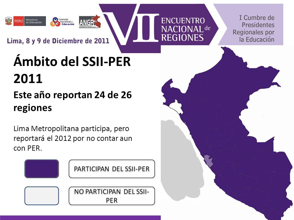 Ámbito del SSII-PER 2011 Este año reportan 24 de 26 regiones Lima Metropolitana participa, pero reportará el 2012 por no contar aun con PER.
