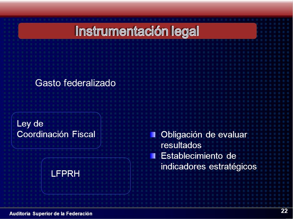 Auditoría Superior de la Federación 22 Gasto federalizado Obligación de evaluar resultados Establecimiento de indicadores estratégicos Ley de Coordinación Fiscal LFPRH