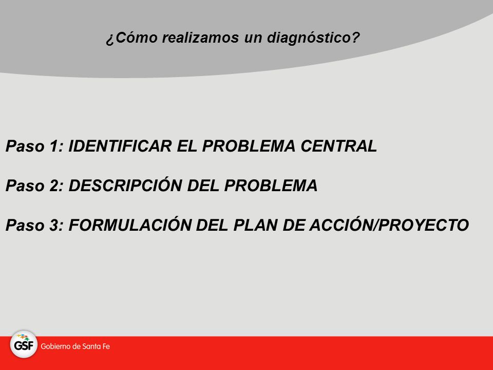 Paso 1: IDENTIFICAR EL PROBLEMA CENTRAL Paso 2: DESCRIPCIÓN DEL PROBLEMA Paso 3: FORMULACIÓN DEL PLAN DE ACCIÓN/PROYECTO ¿Cómo realizamos un diagnóstico