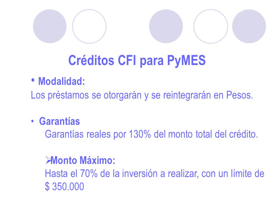 Créditos CFI para PyMES Modalidad: Los préstamos se otorgarán y se reintegrarán en Pesos.