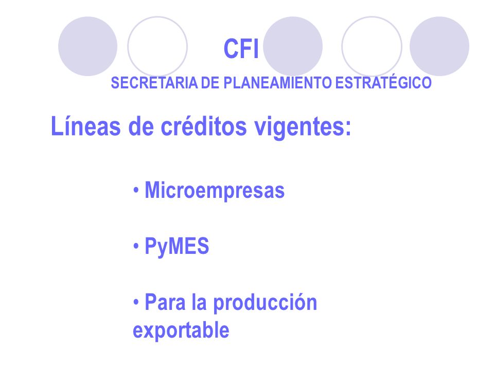 CFI SECRETARIA DE PLANEAMIENTO ESTRATÉGICO Microempresas PyMES Para la producción exportable Líneas de créditos vigentes: