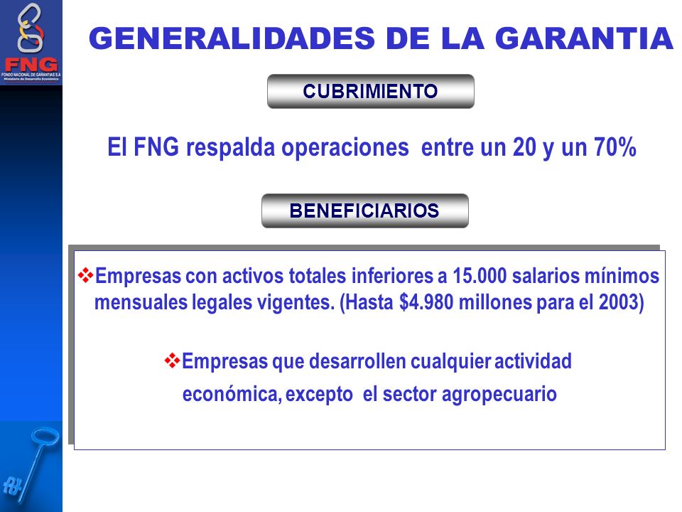 GENERALIDADES DE LA GARANTIA BENEFICIARIOS Empresas con activos totales inferiores a salarios mínimos mensuales legales vigentes.